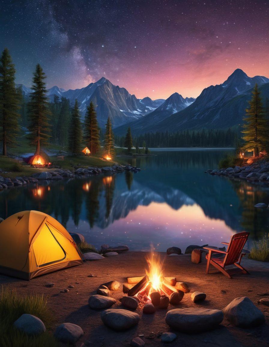 A picturesque campsite at twilight, featuring a glowing campfire surrounded by colorful tents, a family roasting marshmallows, and fireflies dancing in the warm evening air. In the background, majestic mountains silhouette against a starry sky, with a serene lake reflecting the twinkling stars. The scene evokes a sense of adventure and warmth. super-realistic. vibrant colors. 3D.
