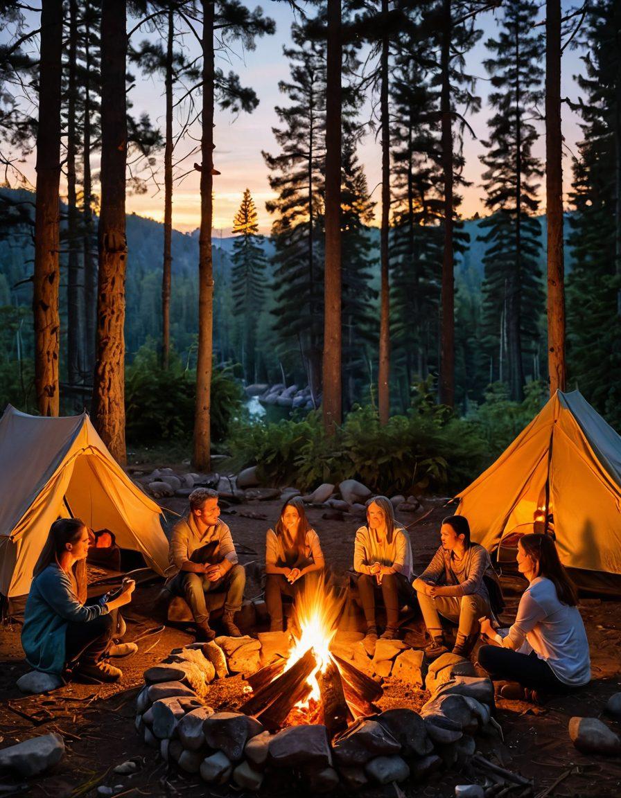 A cozy campfire surrounded by diverse, smiling people of various ages and backgrounds, roasting marshmallows and sharing stories in a lush forest setting. In the background, a serene nature retreat with cozy tents against a sunset sky, hints of outdoor games and activities visible. Emphasize warmth and togetherness in the atmosphere, with firelight casting playful shadows. vibrant colors. super-realistic. natural setting.