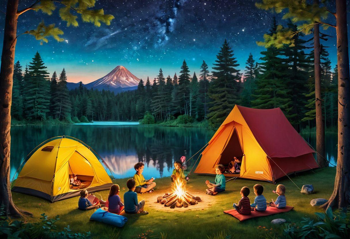 A cheerful family setting up a colorful tent in a lush green forest, surrounded by tall trees and a serene lake in the background. The children are joyfully playing with a frisbee, while parents roast marshmallows over a campfire. A clear night sky filled with stars illuminates the scene, capturing the spirit of adventure and happiness. Whimsical illustration style. vibrant colors. 3D.